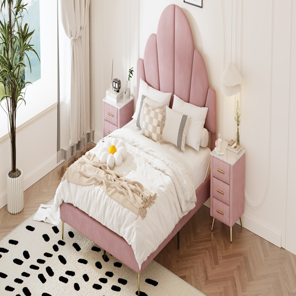 Queen Size Upholstered Bed Frame with Elegant Design, Modern Velvet Platform Bed with Petal Shape Headboard,Pink