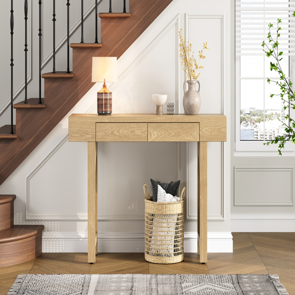 Narrow Console Table with Rattan Accent, Natural Wood Finish Entryway Table with Storage Drawers, Stylish Rustic Sofa Table for Living Room and Hallway (Natural)