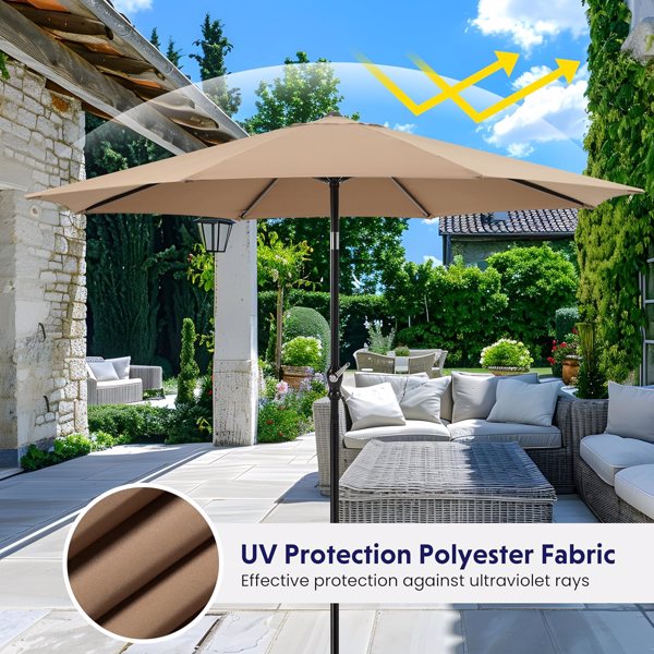 9FT Outdoor Patio Umbrella with 8 Ribs, Table Umbrellas with Push Button Tilt/Crank, UV Protection Waterproof for Garden Deck Backyard Pool, Khaki