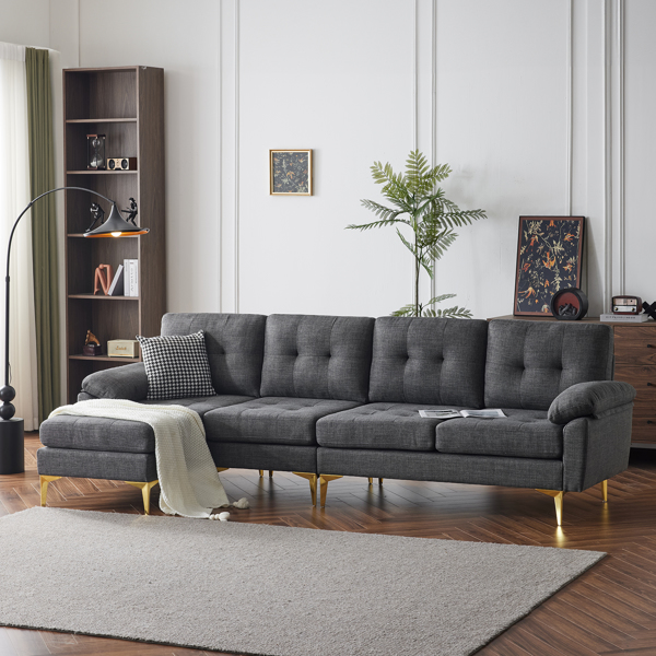 L-Shaped Sectional Sofa Couch for Living Room, Modern 4-Seater Tufted Linen Lounge Sleeper with Chaise, Dark Grey