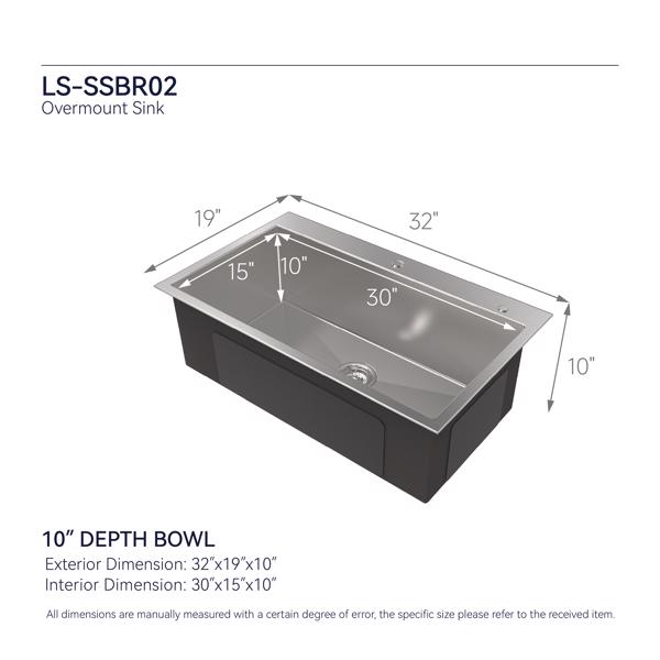 32 "x 19" x 10 " Embedded Single Bowl Kitchen Deep Sink, Equipped with Nano 304 Stainless Steel Satin Surface Household Thick Sink and Vegetable Sink (Sink Only)[Unable to ship on weekends]