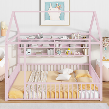 Full Size Metal Bed House Bed Frame with Fence and Shelves, Pink