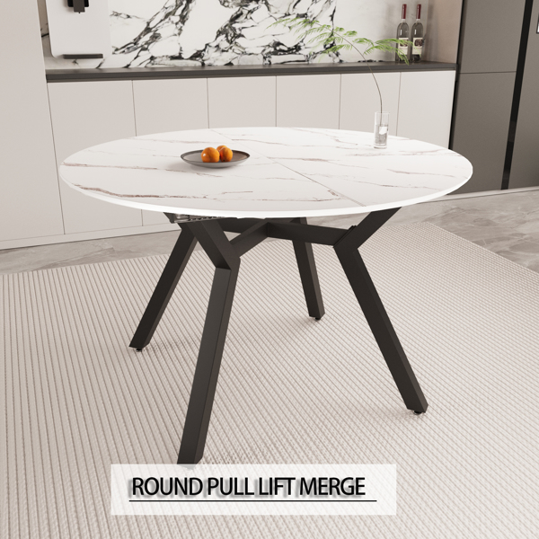 47-63 " extendable white circular dining table, 4-6 person kitchen dining table, modern coffee table with MDF tabletop and metal legs, suitable for kitchen&home 