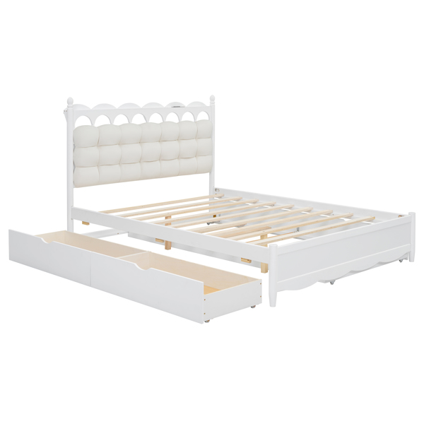 Queen Size Wooden Storage Platform Bed, with 2 Big Drawers, Twin-XL Size Trundle, White