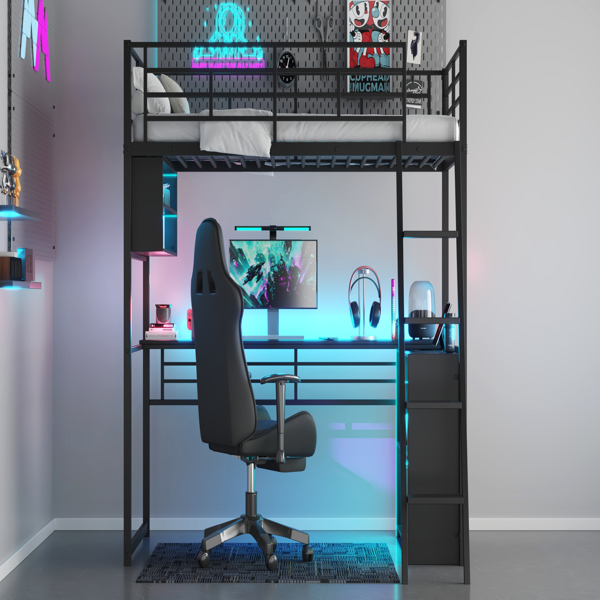 Twin Size Metal Loft Bed with LED, Desk and 4 Storage Shelves, Black