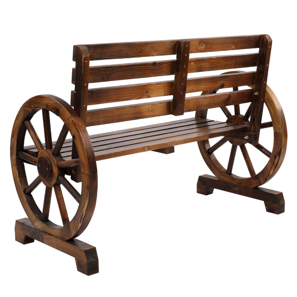 【Replace 28138436】Rustic 2-Person Wooden Wagon Wheel Bench with Slatted Seat and Backrest, Brown