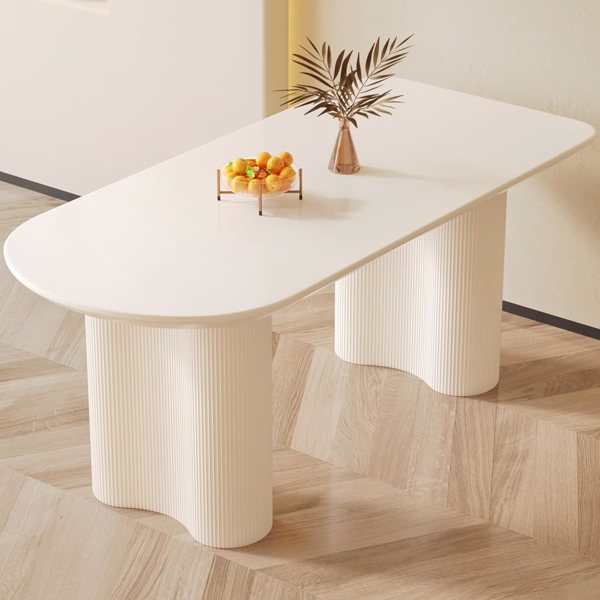 63 "Modern Fashion MDF New Cream Style Dining Table and Irregular Side Table, 4-8 Person Dining Table, Thick Engineering Wood Round Wave Table Legs, Home Kitchen Thick Elegant Cream White Table Top 