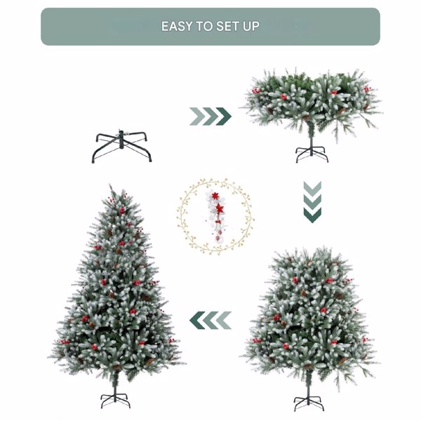 5FT Artificial Christmas Tree, Fiber Christmas Trees Pine Trees with 480 Branch Tips, Berries&Pine Cones Decor, Foldable Metal Base for Home, Office, Party Decorations