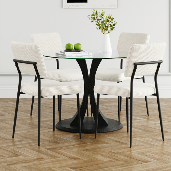 Modern simple table with a glass round table and four chairs. Transparent tempered glass countertop, black wood grain spray legs, suitable for kitchen living room dining room (set of 5)