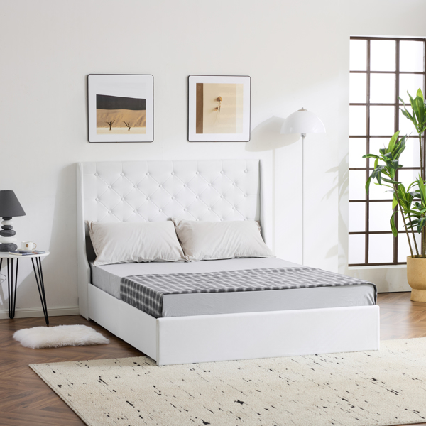 Upholstered Full Platform Storage Bed Frame with 4 Drawers, Wingback Headboard with Button Tufted Design, Wooden Slat Support, No Box Spring Needed, Beige