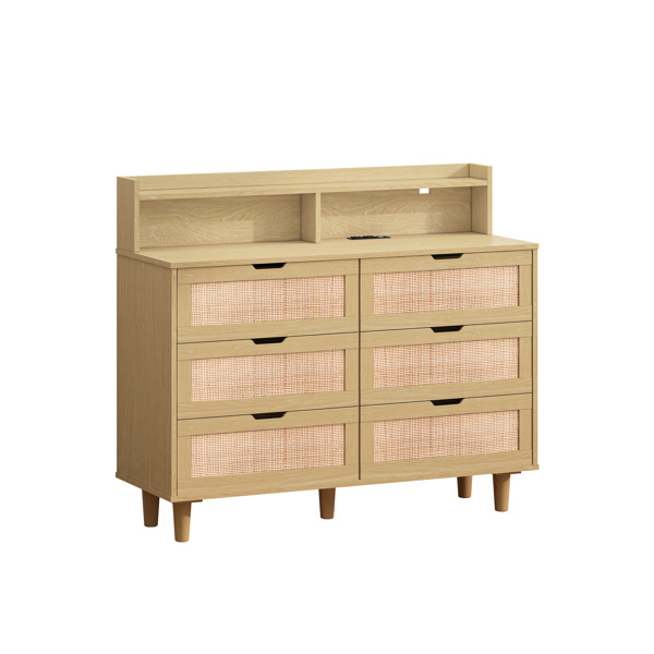 43.31"6-Drawers Rattan Storage Cabinet Rattan Drawer with LED Lights and Power Outlet,for Bedroom,Living Room,Natural