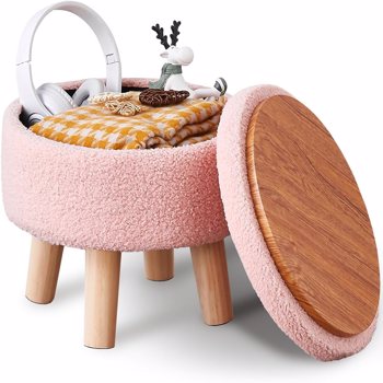 Storage Ottoman, Modern Round Footrest with Soft Padded Seat, Teddy Velvet Footstool with Wood Legs, Accent Small Table or Plant Stand for Hallway, Living Room (Pink)