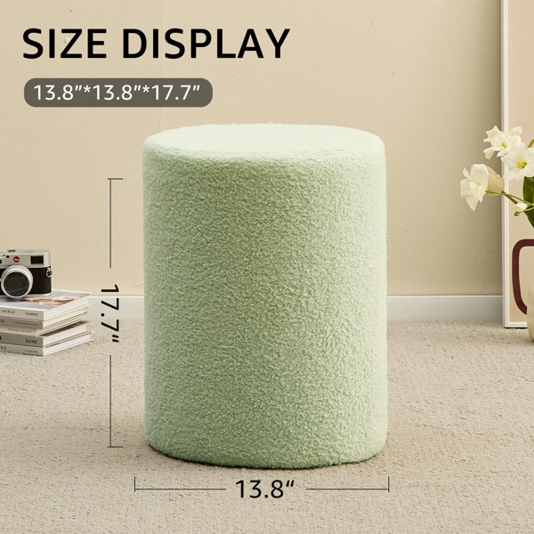 Round Teddy Fleece Ottoman with Soft Padded Seat, Multi-Functional Footrest, Vanity Chairs for Makeup, Upholstered Foot Stool Extra Seating for Living Room, Bedroom, Entryway (Green, Standard)