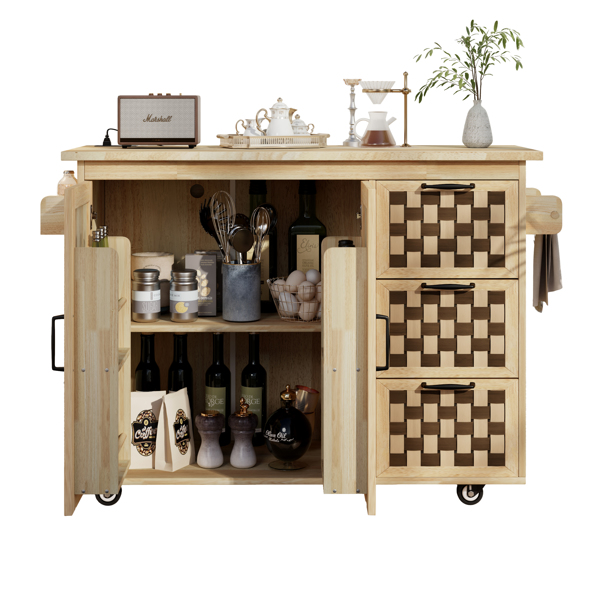 53.2"W 3D Woven Checkerboard Pattern Design Kitchen Island with Drop Leaf, Rolling Kitchen Island on Wheels with Internal Storage Rack, Power Outlet, Kitchen Cart with 3 Drawers 2 Cabinets, Nature