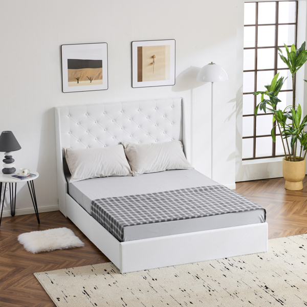 Upholstered Full Platform Storage Bed Frame with 4 Drawers, Wingback Headboard with Button Tufted Design, Wooden Slat Support, No Box Spring Needed, Beige