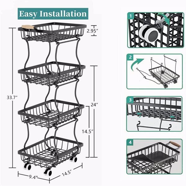 Kitchen with 4 layers of slender fruit baskets, stackable metal wire fruit and vegetable storage baskets with wheeled storage racks, metal agricultural product baskets, black