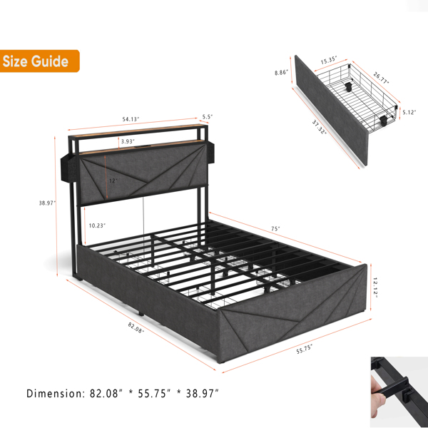 Full Bed Frame, Storage Headboard with Charging Station, Solid and Stable, Noise Free, No Box Spring Needed, Easy Assembly