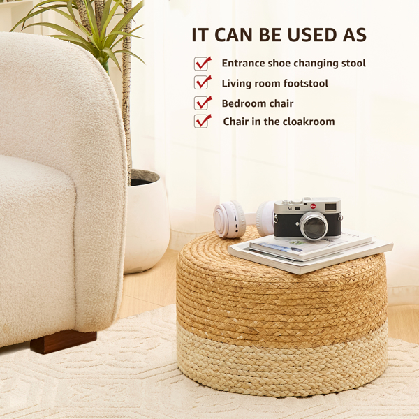 Round Pouf Ottoman, Natural Hand Knitted Footrest Poof, Rustic Lounge Pouffe, Boho Pous Foot Stool, Accent Table or Seat (Natural Cattail + White Corn Husk, 17.7 * 17.7 * 9.84)