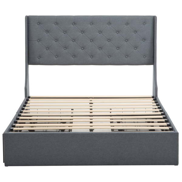 Upholstered Queen Platform Storage Bed Frame with 4 Drawers, Wingback Headboard with Button Tufted Design, Wooden Slat Support, No Box Spring Needed, Dark Grey