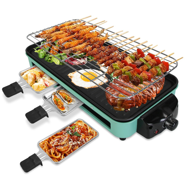 1500W Electric Indoor Grill 2 in 1 Electric BBQ Gill with Grill Net Removable Plate 5 Temperature Control 3 Small Trays Dishwasher Safe