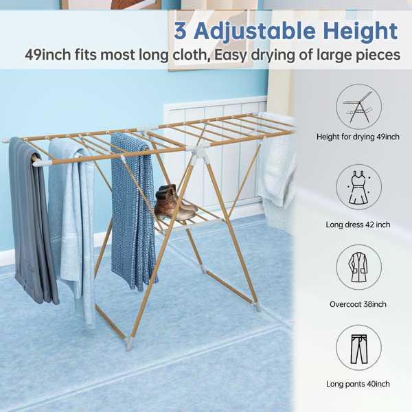 1pc, Clothes Drying Rack Foldable, Foldable Laundry Drying Rack, Free-Standing Large Drying Rack, with Height-Adjustable Wings, for Indoor Outdoor, Wood color