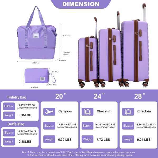 5-Piece Set (20"24"28 +a travel bag and a toiletry bag) ,PP Hardshell Carry on Luggage Set with TSA Lock Carry On Suitcase Luggage  Durable Suitcase  Color PURPLE.