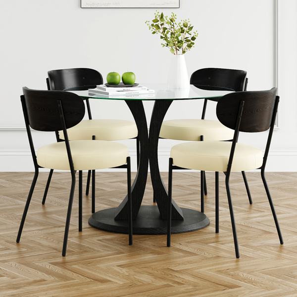 Modern simple table with a glass round table and four chairs. Transparent tempered glass countertop, black wood grain spray legs, suitable for kitchen living room dining room (set of 5)