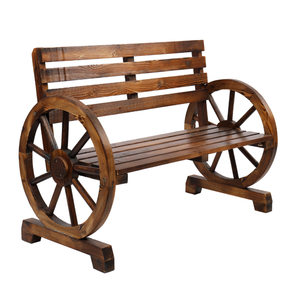 【Replace 28138436】Rustic 2-Person Wooden Wagon Wheel Bench with Slatted Seat and Backrest, Brown