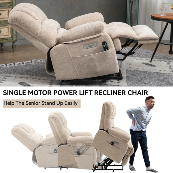 23" Seat Width and High Back Large Size Beige Chenille Power Lift Recliner Chair with 8-Point Vibration Massage and Lumbar Heating