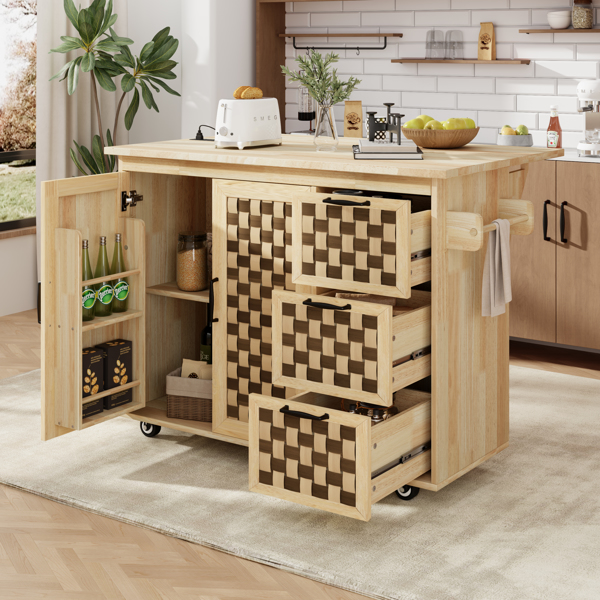 53.2"W 3D Woven Checkerboard Pattern Design Kitchen Island with Drop Leaf, Rolling Kitchen Island on Wheels with Internal Storage Rack, Power Outlet, Kitchen Cart with 3 Drawers 2 Cabinets, Nature