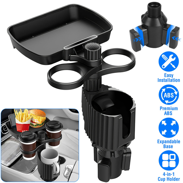 4-in-1 Car Cup Holder Tray Food Table Phone Hold Car Expander Detachable 360 Degree Rotatable Expandable Base Car Desk