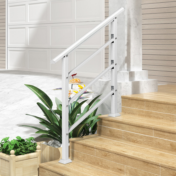 Handrails for Outdoor Steps, Wrought Iron Handrail Fits 1 or 3 Steps, Transitional Handrail with Installation Kit, White