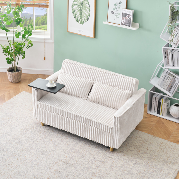 The pull-out and push-in beige corduroy sofa with dual functions, equipped with a movable tabletop and USB ports, is suitable for use in living rooms and bedrooms.