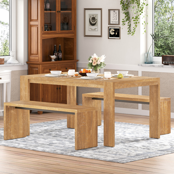 3-piece Farmhouse Style Simple Dining Set, Dining Table and 2 Benches, for Dining Room, Kitchen and Living Room (Natural Wood Wash)