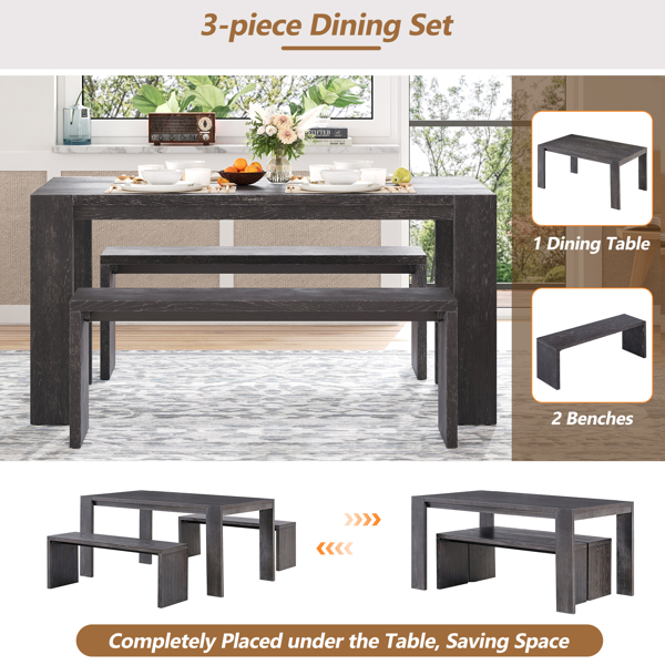 3-piece Farmhouse Style Simple Dining Set, Dining Table and 2 Benches, for Dining Room, Kitchen and Living Room (Espresso)