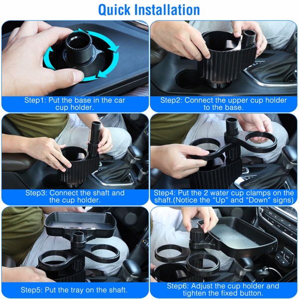 4-in-1 Car Cup Holder Tray Food Table Phone Hold Car Expander Detachable 360 Degree Rotatable Expandable Base Car Desk