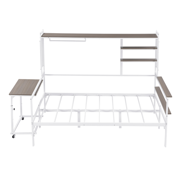 Full size Metal Daybed with Movable Desk, Metal Grid, Shelves and Clothes Hanger, White