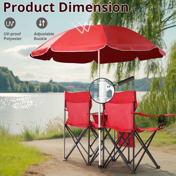 Portable Outdoor 2-Seat Folding Chair with Removable Sun Umbrella Red