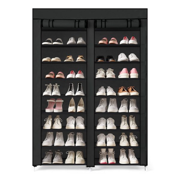 FCH Double Row 10-Tier Non-Woven Fabric Shoe Cabinet with Iron Pipes and Plastic Components, Black