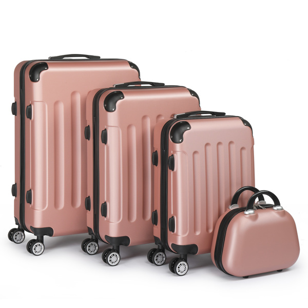 FCH Corner-Protected Four-Piece Set ABS Luggage 20in, 24in, 28in + 12in Handbag with ABS Material and Steel Telescopic Handle in Trendy Rose Gold