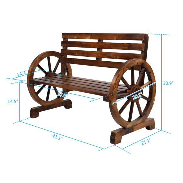 【Replace 28138436】Rustic 2-Person Wooden Wagon Wheel Bench with Slatted Seat and Backrest, Brown