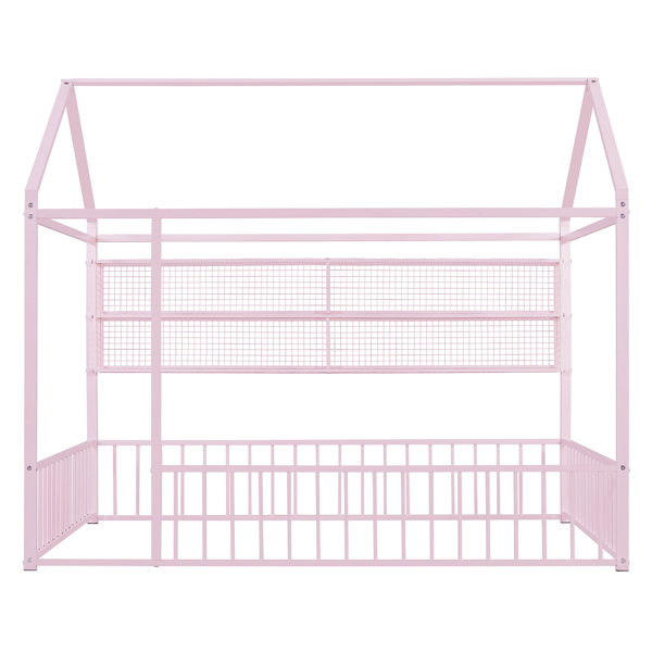 Full Size Metal Bed House Bed Frame with Fence and Shelves, Pink