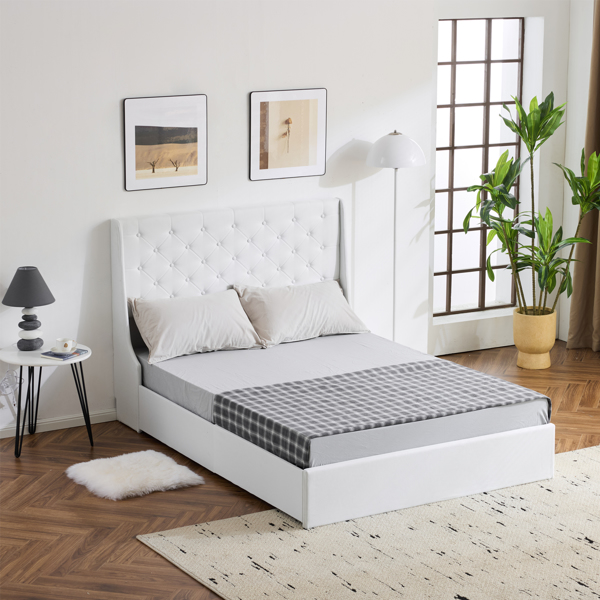 Upholstered Full Platform Storage Bed Frame with 4 Drawers, Wingback Headboard with Button Tufted Design, Wooden Slat Support, No Box Spring Needed, Beige