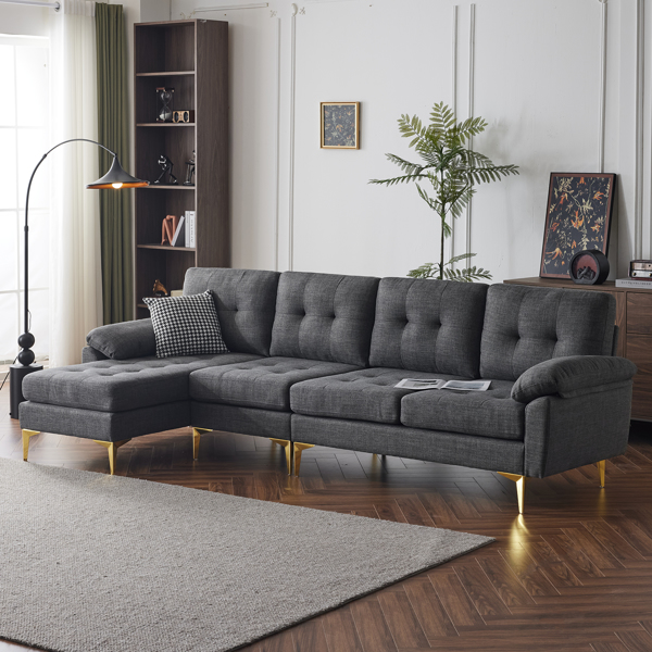 L-Shaped Sectional Sofa Couch for Living Room, Modern 4-Seater Tufted Linen Lounge Sleeper with Chaise, Dark Grey