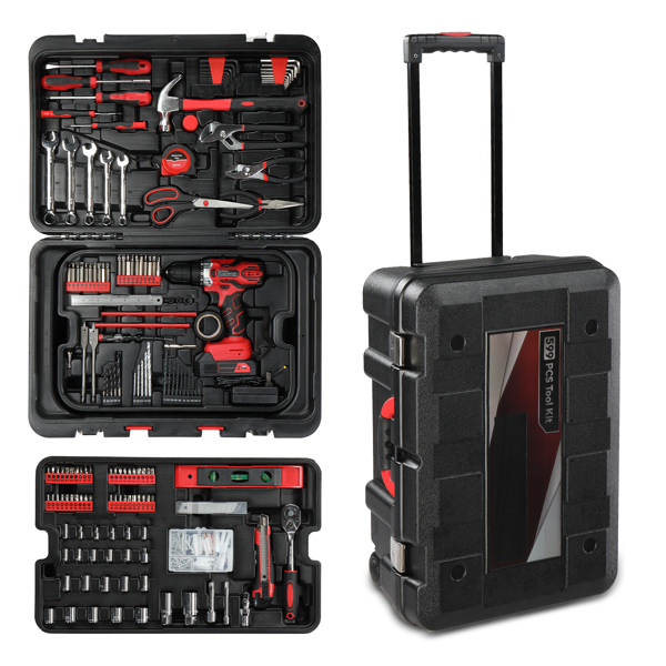 599 PCS Home Tool Set Kit, Auto Repair Tool Kit with Rolling Tool Box, Mechanic Tool Sets with 21V Max Cordless Power Drill