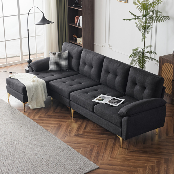 L-Shaped Sectional Sofa Couch for Living Room, Modern 4-Seater Tufted Linen Lounge Sleeper with Chaise, Black