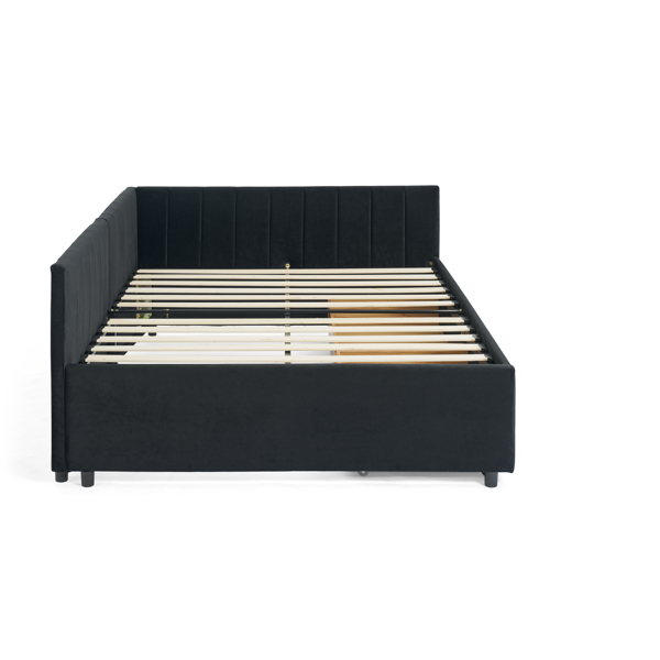 Full Size Upholstered Tufted Bed Frame with Two Drawers, Sofa Bed Frame with Comfortable Backrest and Armrests, Velvet, Black(79.5''x58''x25'')