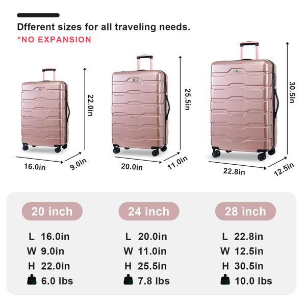 Luggage Sets ABS+PC Hardshell 3pcs Clearance Luggage Hardside Lightweight Durable Suitcase sets Spinner Wheels Suitcase with TSA Lock (20/24/28), RoseGold