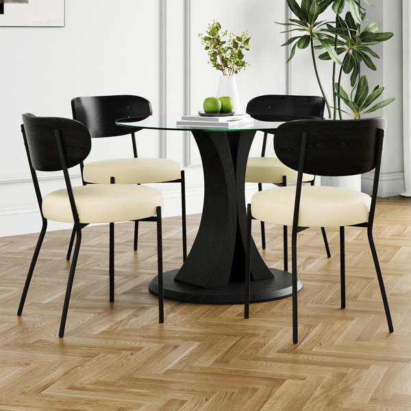 Modern simple table with a glass round table and four chairs. Transparent tempered glass countertop, black wood grain spray legs, suitable for kitchen living room dining room (set of 5)