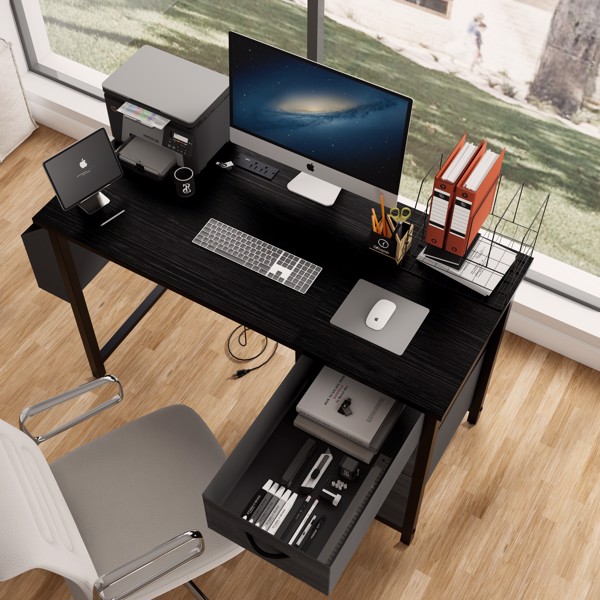 47.3"office desk with power outlet,3 drawers,Large Side Pocket, Desk Easy to Assemble,Frame stability Reversible,  for home desk, computer desk, game table,Writing desk,Vanity table, black